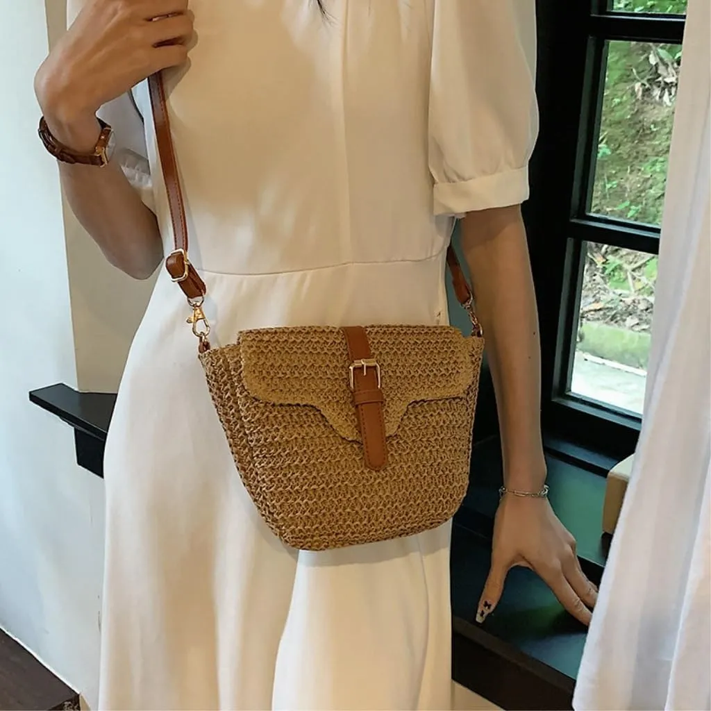 Large capacity Bag Simple Straw and Leather Crossbody Bag, A Stylish Choice for Outings Ladies shoulder Bag(Brown)