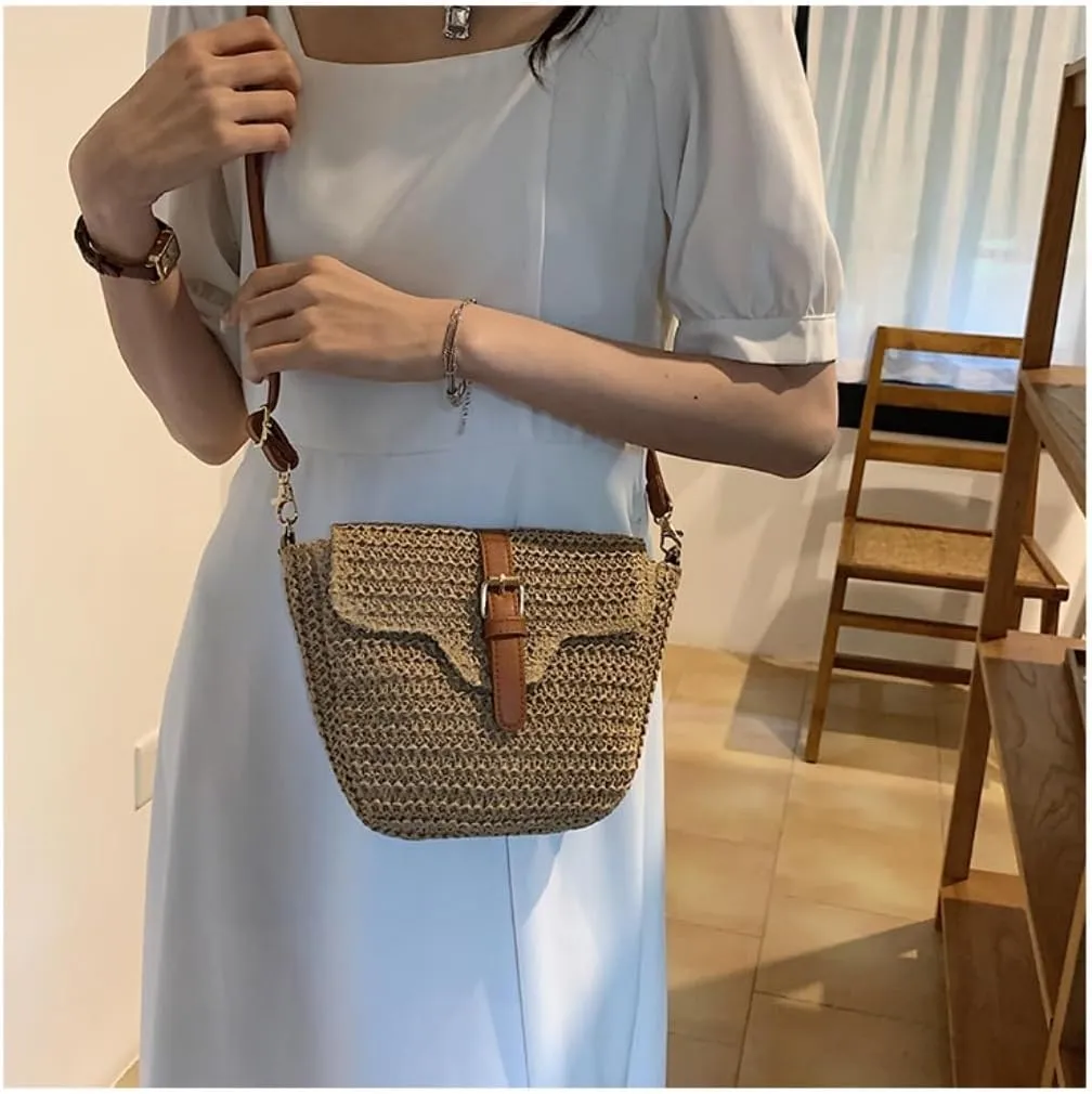 Large capacity Bag Simple Straw and Leather Crossbody Bag, A Stylish Choice for Outings Ladies shoulder Bag(Brown)