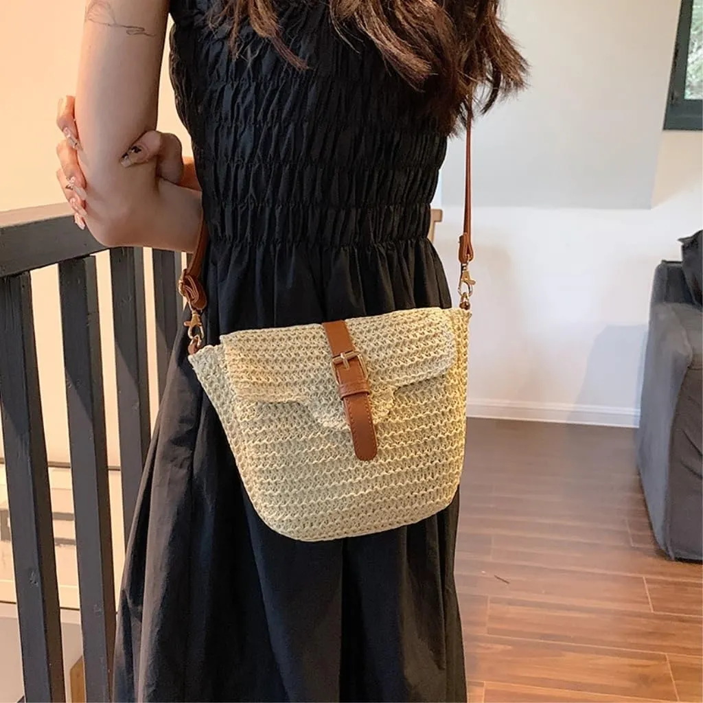 Large capacity Bag Simple Straw and Leather Crossbody Bag, A Stylish Choice for Outings Ladies shoulder Bag(Brown)