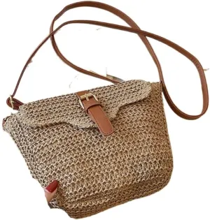 Large capacity Bag Simple Straw and Leather Crossbody Bag, A Stylish Choice for Outings Ladies shoulder Bag(Brown)