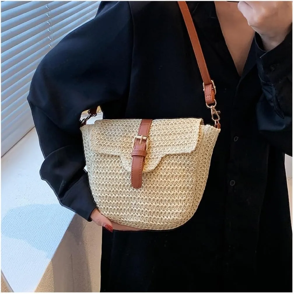 Large capacity Bag Simple Straw and Leather Crossbody Bag, A Stylish Choice for Outings Ladies shoulder Bag(Brown)