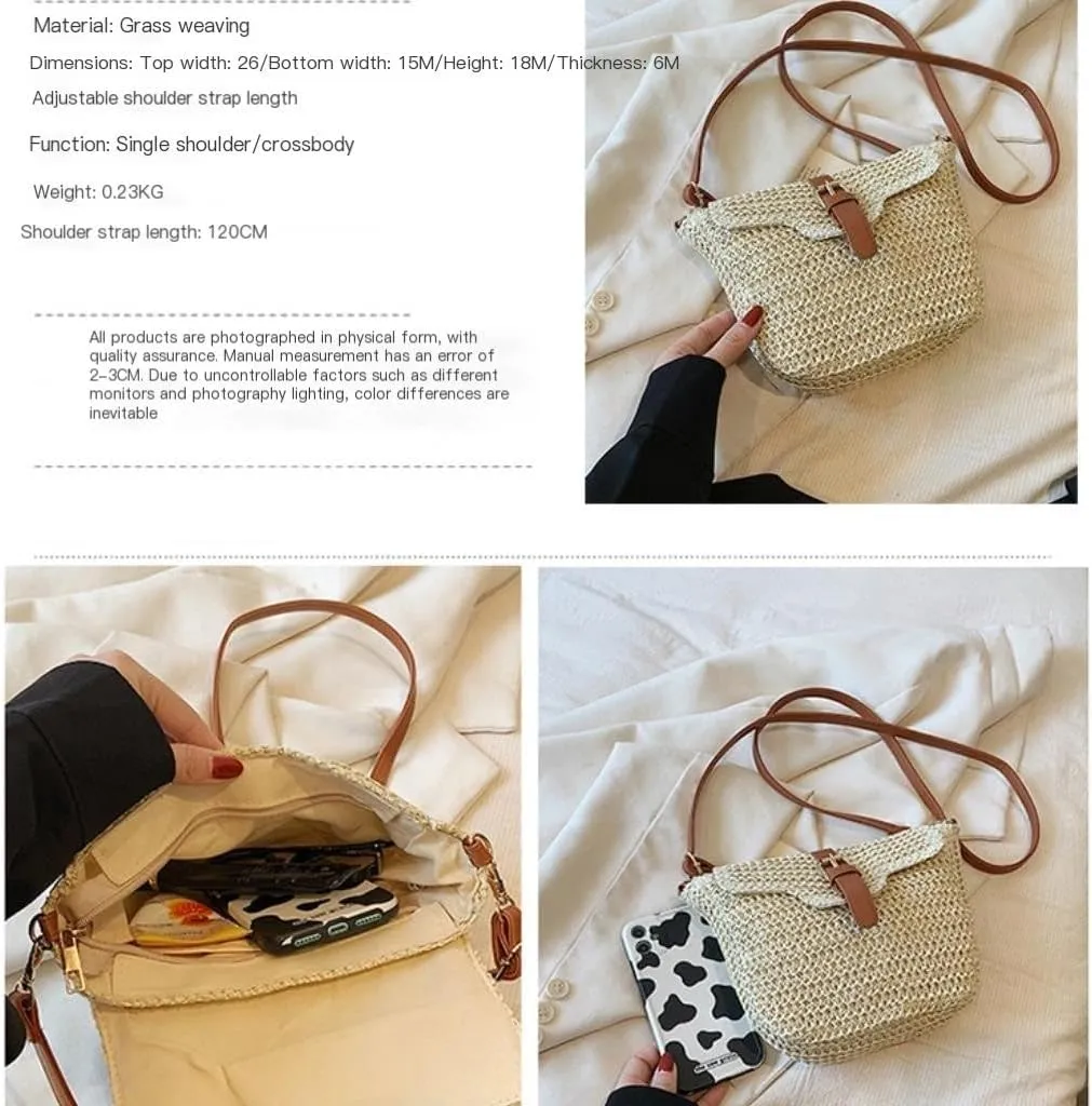Large capacity Bag Simple Straw and Leather Crossbody Bag, A Stylish Choice for Outings Ladies shoulder Bag(Brown)