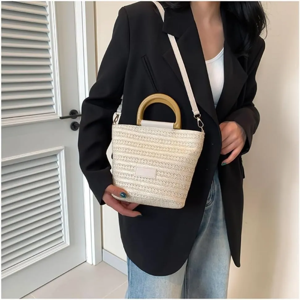 Large capacity Bag Simple Straw Handbag with Wooden Handle: Encounter Natural Fashion Ladies shoulder Bag