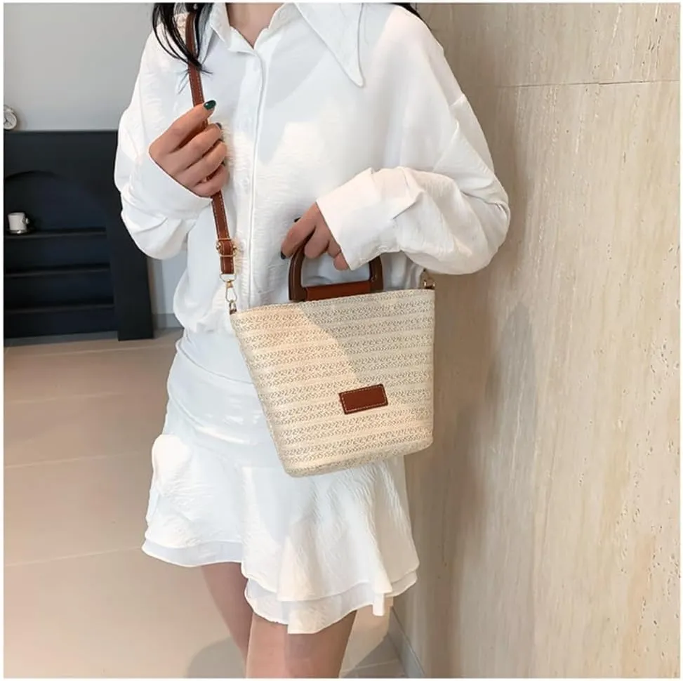 Large capacity Bag Simple Straw Handbag with Wooden Handle: Encounter Natural Fashion Ladies shoulder Bag