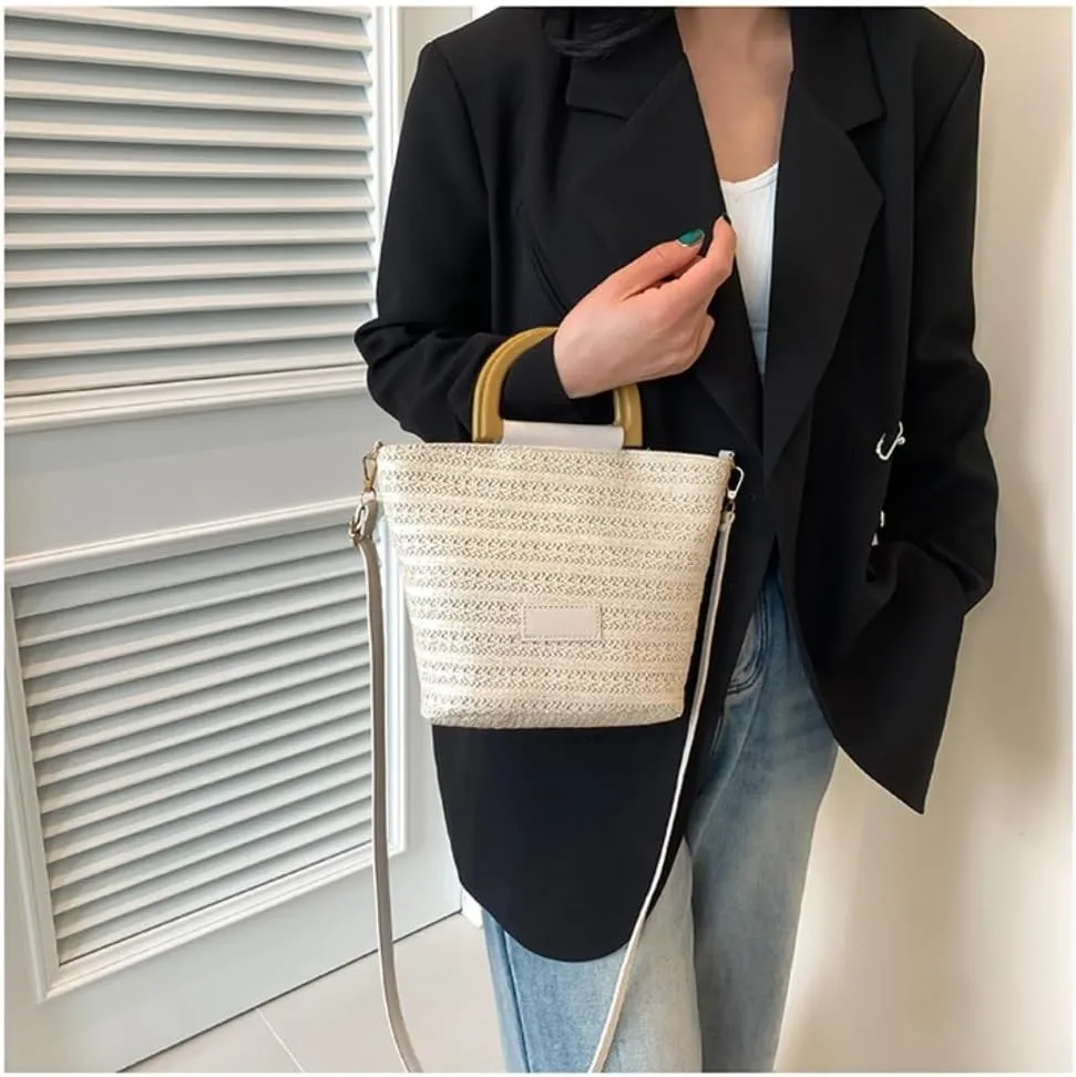 Large capacity Bag Simple Straw Handbag with Wooden Handle: Encounter Natural Fashion Ladies shoulder Bag