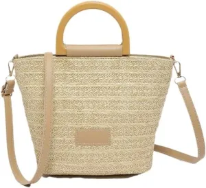 Large capacity Bag Simple Straw Handbag with Wooden Handle: Encounter Natural Fashion Ladies shoulder Bag
