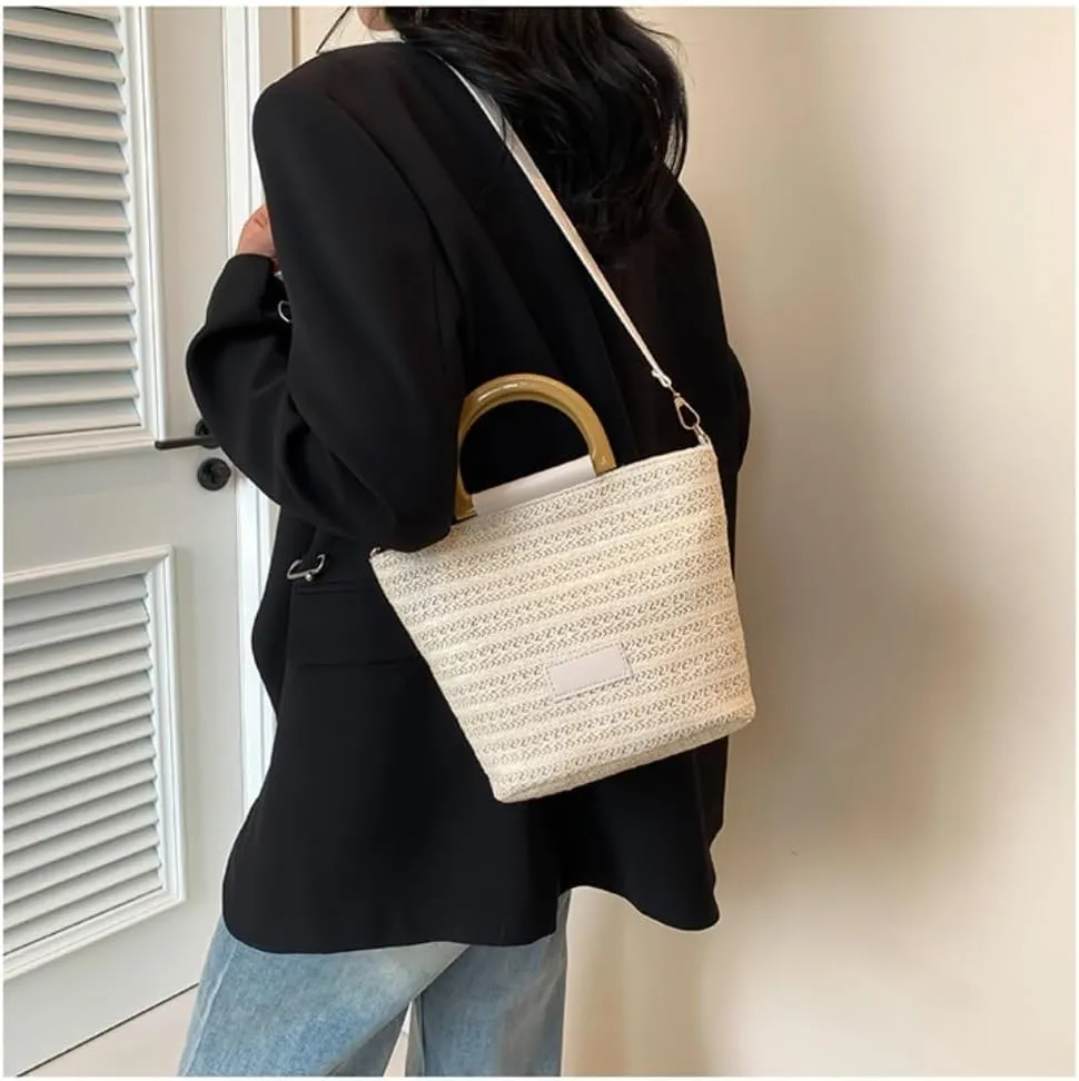 Large capacity Bag Simple Straw Handbag with Wooden Handle: Encounter Natural Fashion Ladies shoulder Bag