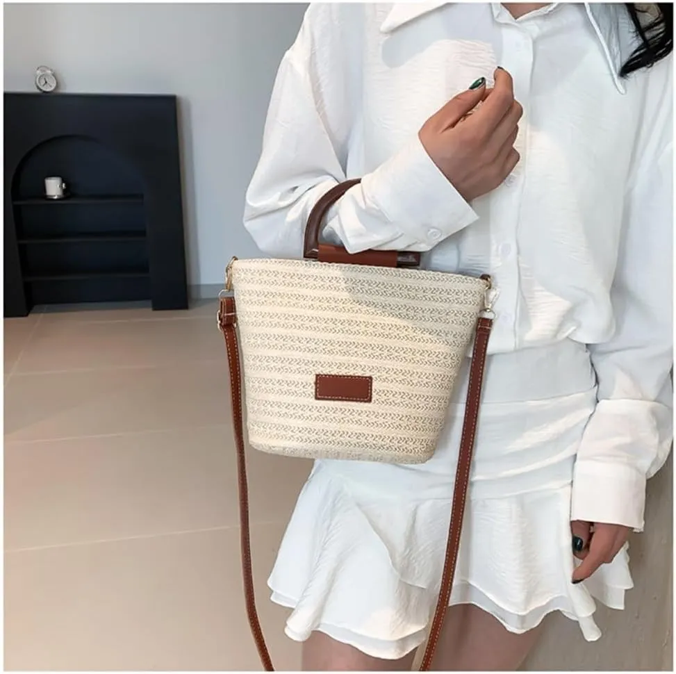 Large capacity Bag Simple Straw Handbag with Wooden Handle: Encounter Natural Fashion Ladies shoulder Bag