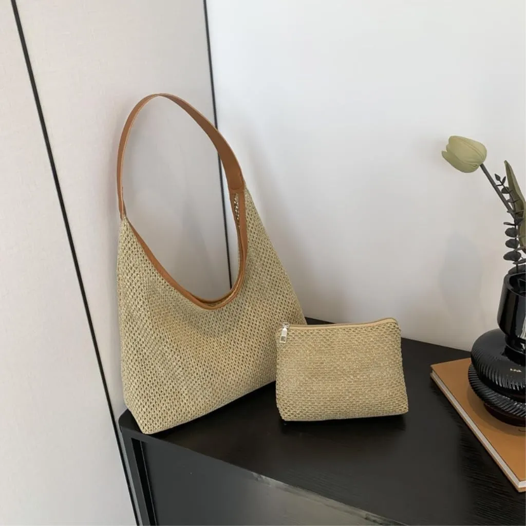 Large capacity Bag Stylish Irregular - shaped Straw Handbag with Leather Trim: Lead the Trend Ladies shoulder Bag