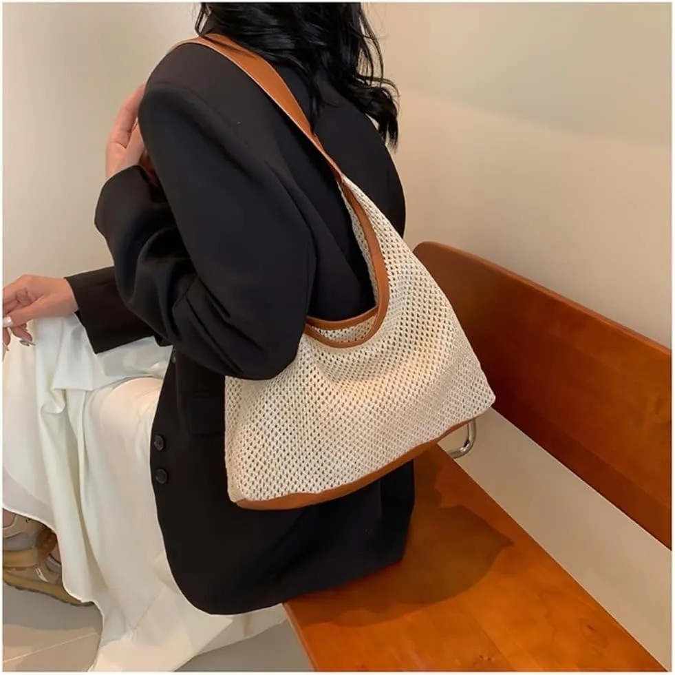 Large capacity Bag Stylish Irregular - shaped Straw Handbag with Leather Trim: Lead the Trend Ladies shoulder Bag