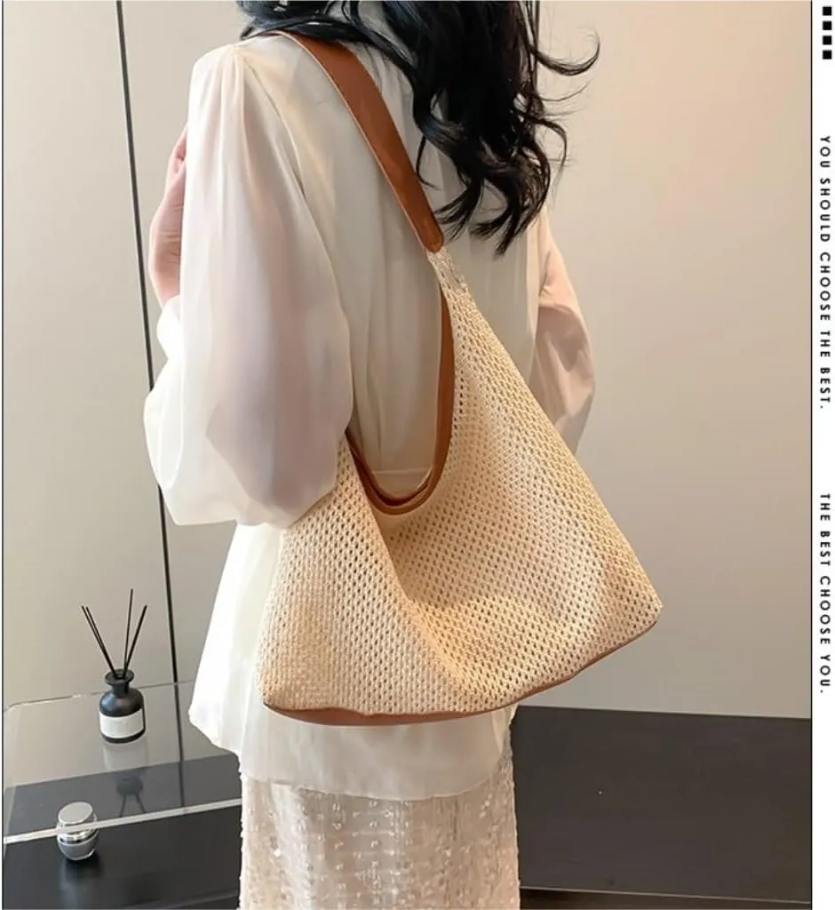 Large capacity Bag Stylish Irregular - shaped Straw Handbag with Leather Trim: Lead the Trend Ladies shoulder Bag