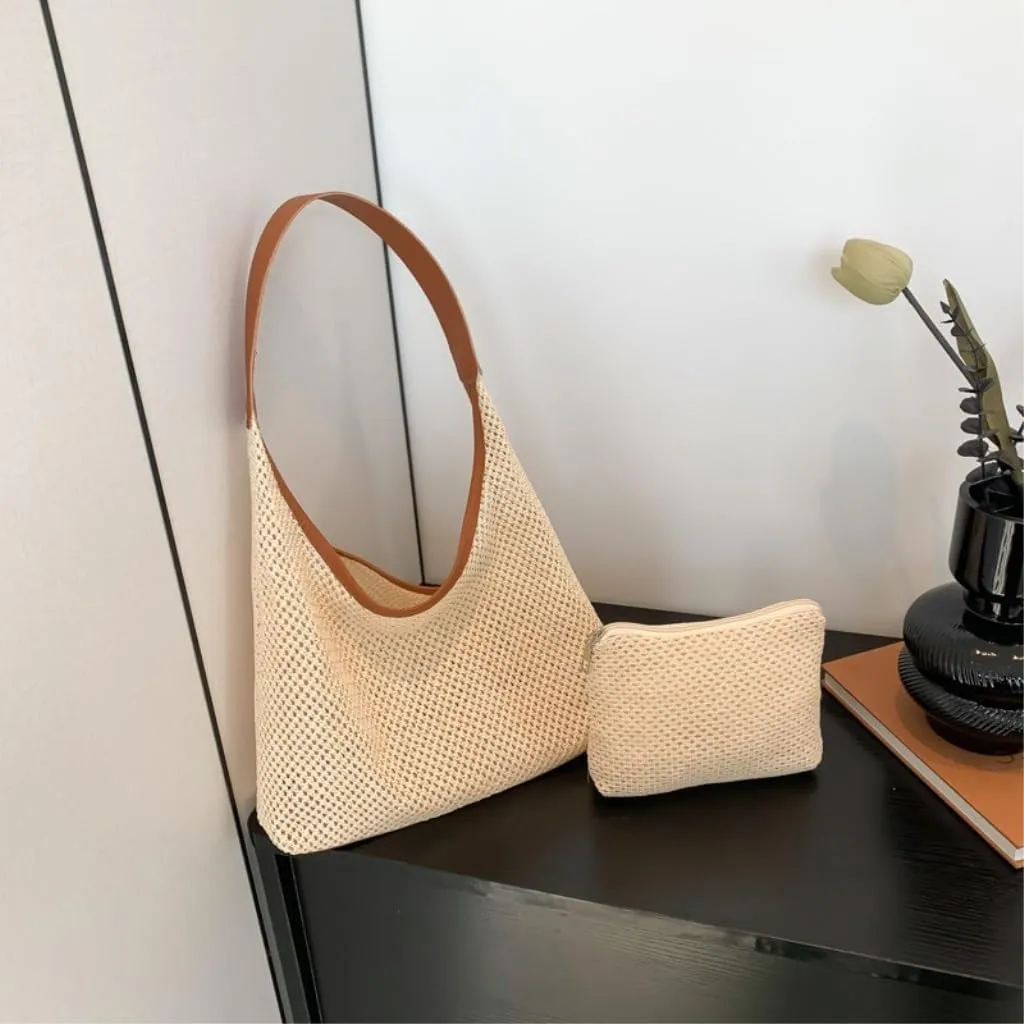 Large capacity Bag Stylish Irregular - shaped Straw Handbag with Leather Trim: Lead the Trend Ladies shoulder Bag