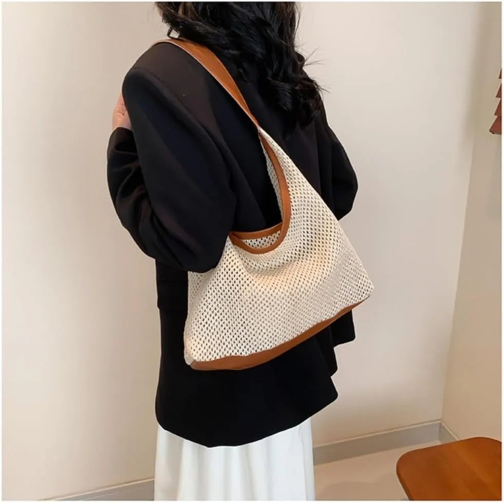 Large capacity Bag Stylish Irregular - shaped Straw Handbag with Leather Trim: Lead the Trend Ladies shoulder Bag
