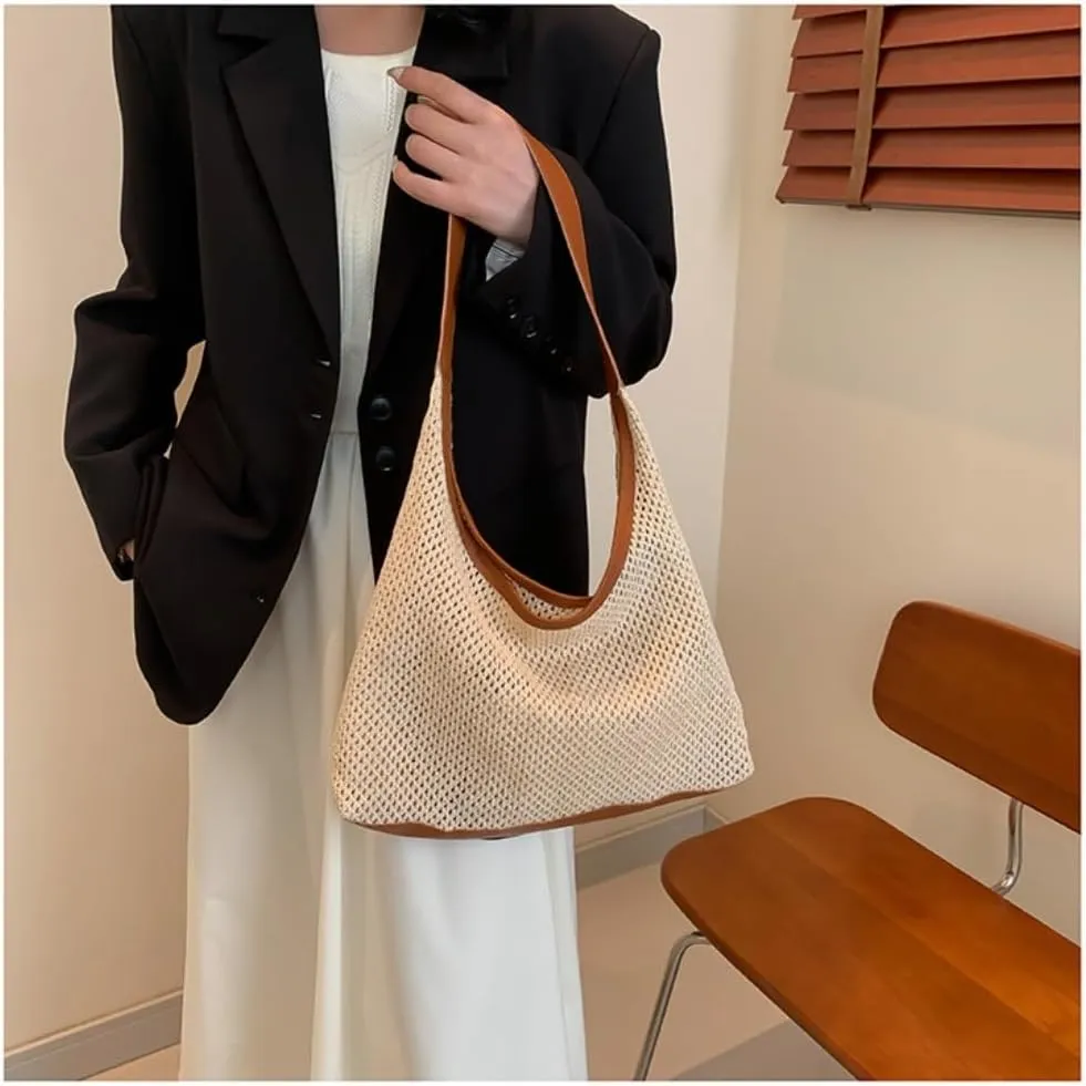 Large capacity Bag Stylish Irregular - shaped Straw Handbag with Leather Trim: Lead the Trend Ladies shoulder Bag