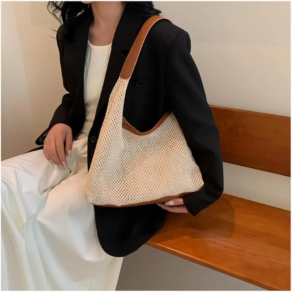 Large capacity Bag Stylish Irregular - shaped Straw Handbag with Leather Trim: Lead the Trend Ladies shoulder Bag