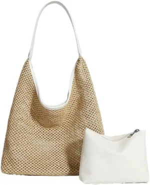 Large capacity Bag Vintage Straw Tote Bag Shoulder Large Bag Ladies Casual Summer Vacation Beach Bag Ladies shoulder Bag