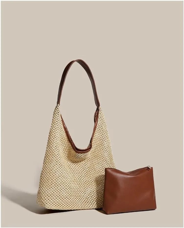 Large capacity Bag Vintage Straw Tote Bag Shoulder Large Bag Ladies Casual Summer Vacation Beach Bag Ladies shoulder Bag