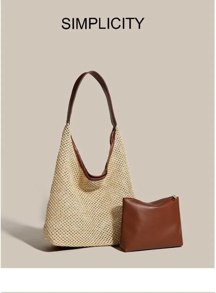 Large capacity Bag Vintage Straw Tote Bag Shoulder Large Bag Ladies Casual Summer Vacation Beach Bag Ladies shoulder Bag