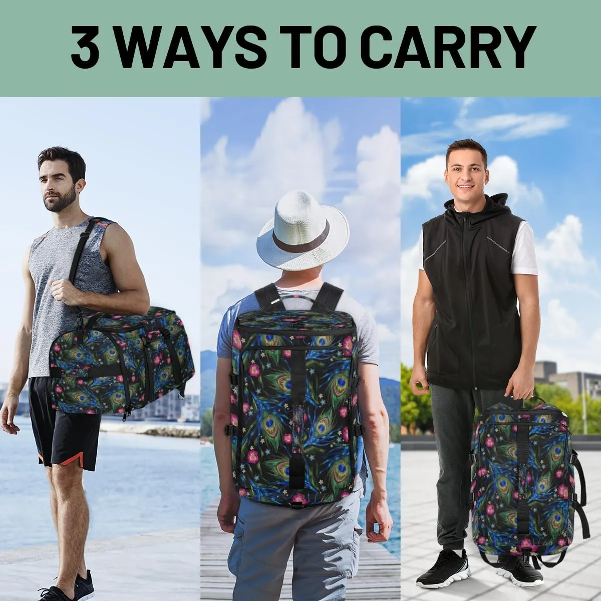 Large Sports Gym Bag With Shoe & Laptop Compartment 47L Waterproof Travel Duffel Bags for Men Women Bohemian Ethnic Feather Luggage Backpack Duffle Bag