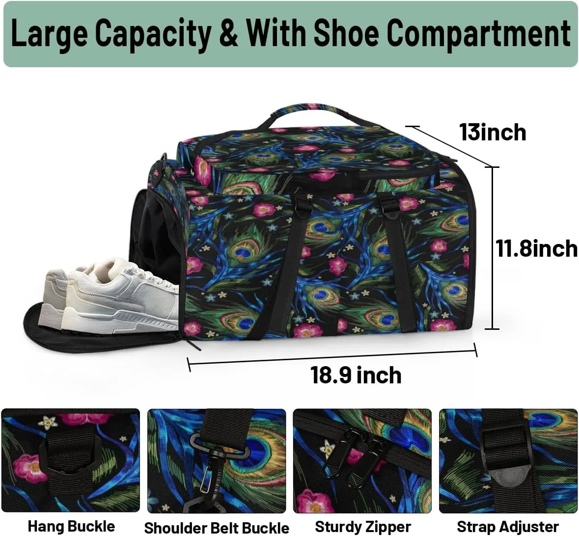 Large Sports Gym Bag With Shoe & Laptop Compartment 47L Waterproof Travel Duffel Bags for Men Women Bohemian Ethnic Feather Luggage Backpack Duffle Bag