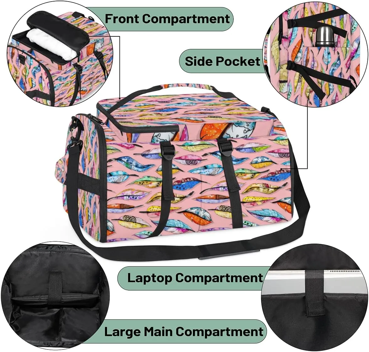Large Sports Gym Bag With Shoe & Laptop Compartment 47L Waterproof Travel Duffel Bags for Men Women Rainbow Feather Luggage Backpack Duffle Bag