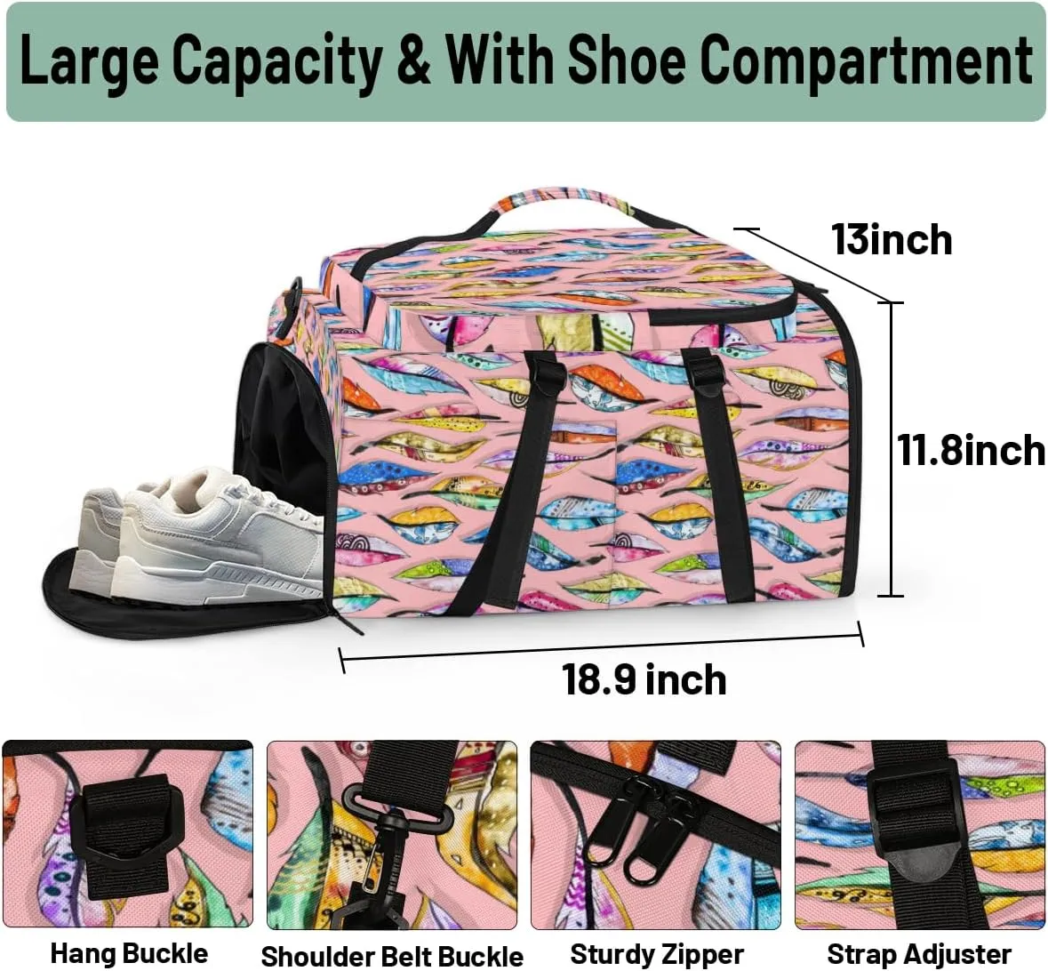 Large Sports Gym Bag With Shoe & Laptop Compartment 47L Waterproof Travel Duffel Bags for Men Women Rainbow Feather Luggage Backpack Duffle Bag