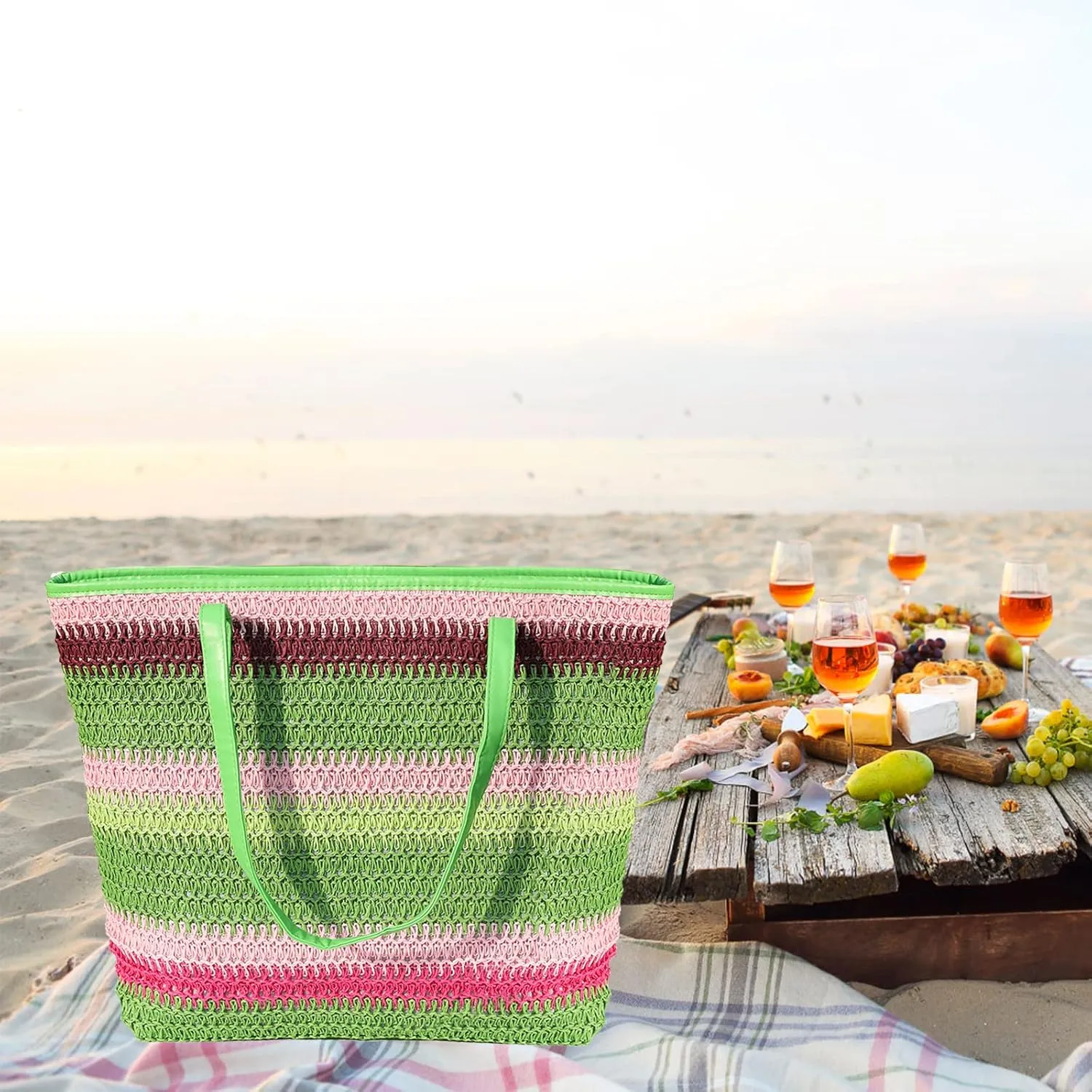 Large Straw Tote Bag for Women Rattan Woven Straw Beach Bag Purse Colored Stripe Shoulder Bags Handbag Summer