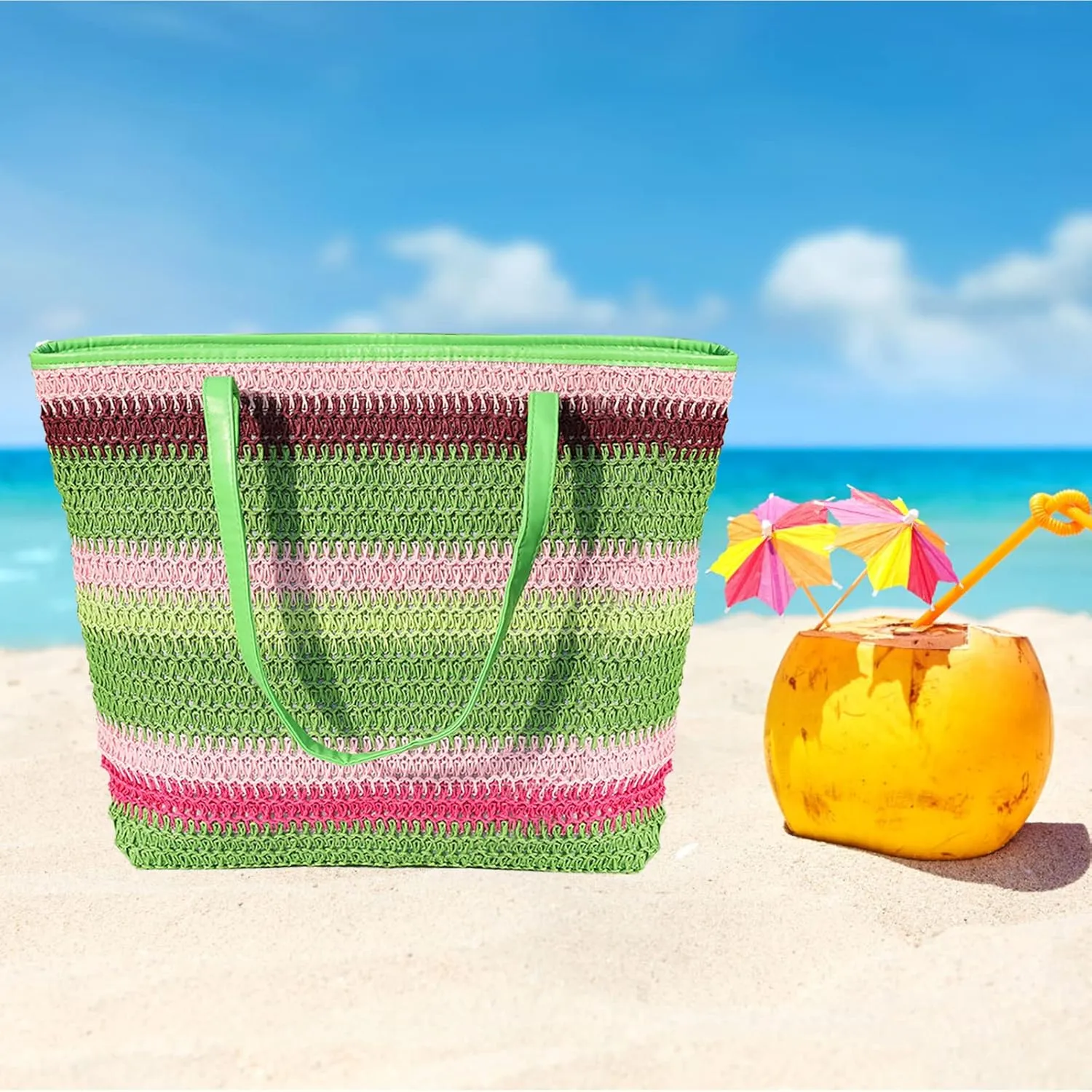 Large Straw Tote Bag for Women Rattan Woven Straw Beach Bag Purse Colored Stripe Shoulder Bags Handbag Summer