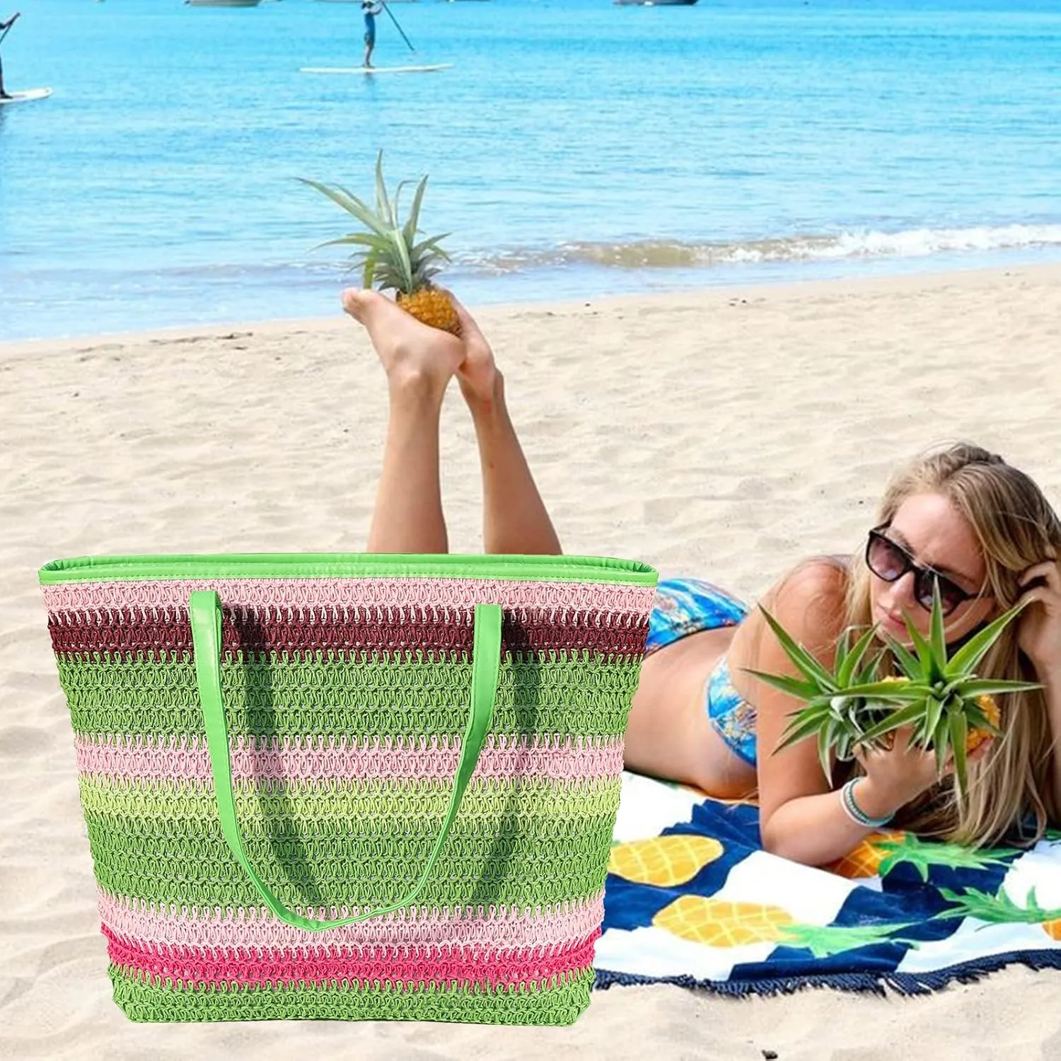 Large Straw Tote Bag for Women Rattan Woven Straw Beach Bag Purse Colored Stripe Shoulder Bags Handbag Summer