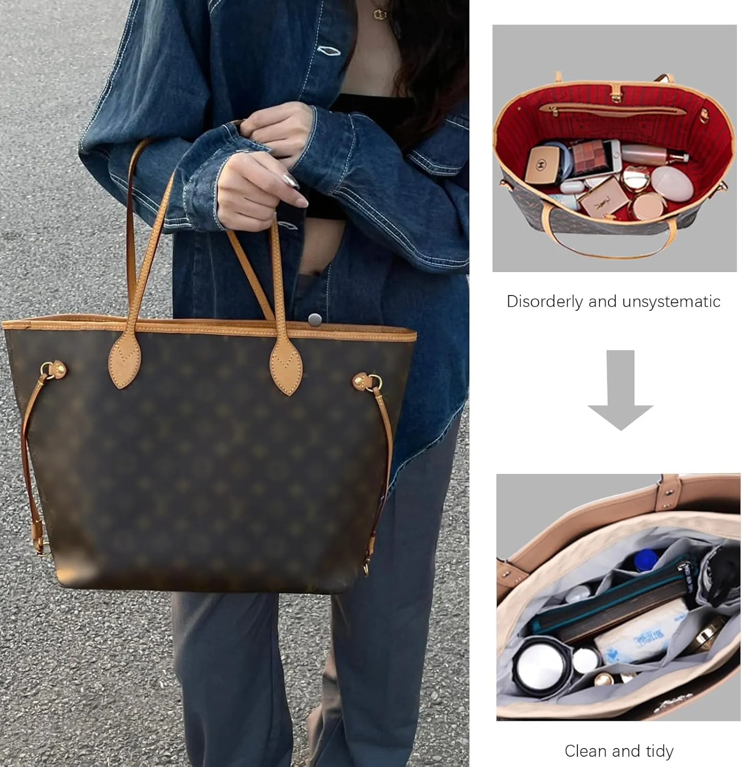 Lckaey purse organizer insert for neverfull gm mm graceful pm insert on the go purse organizer 3055khaki-XS