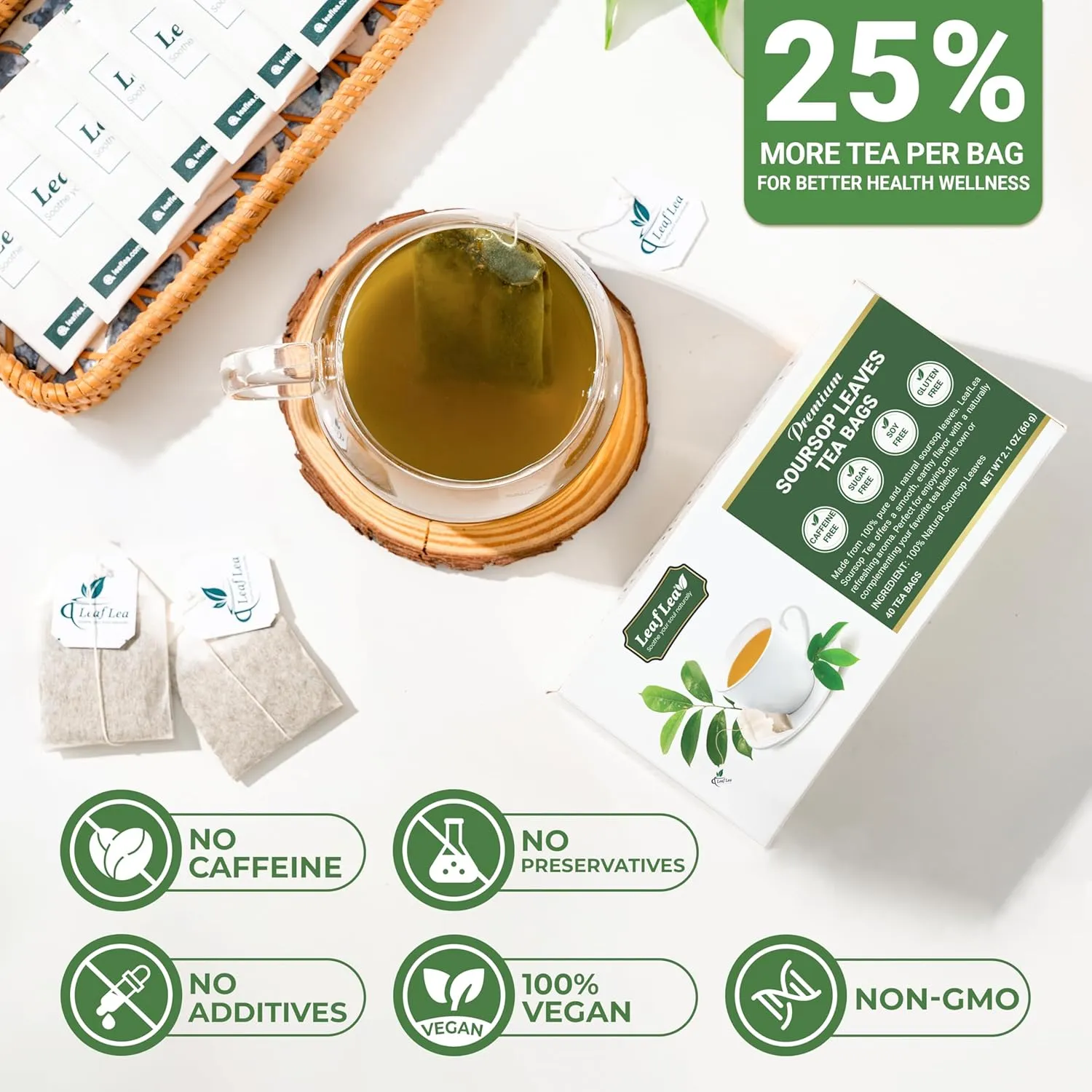 LeafLea 80 Soursop Leaf Tea Bags, 100% Pure Graviola (Hoja Guanabana) Leaves, Sour Sop Herbal Tea, Individually Wrapped for Freshness, Caffeine-Free, Sugar-Free, Gluten-Free, Non-GMO (Pack of 2)