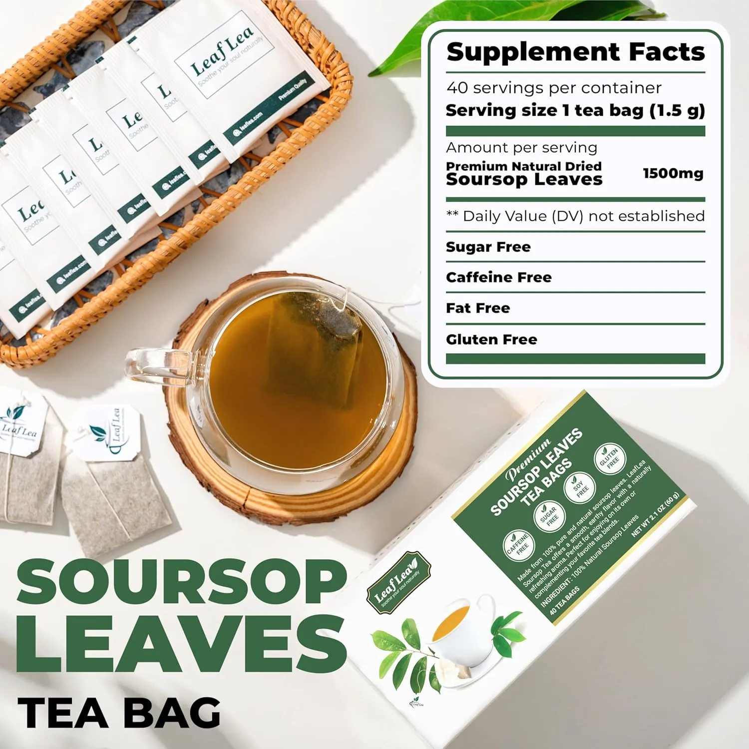 LeafLea 80 Soursop Leaf Tea Bags, 100% Pure Graviola (Hoja Guanabana) Leaves, Sour Sop Herbal Tea, Individually Wrapped for Freshness, Caffeine-Free, Sugar-Free, Gluten-Free, Non-GMO (Pack of 2)