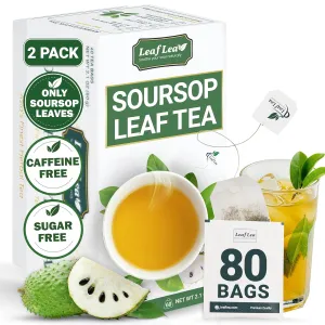 LeafLea 80 Soursop Leaf Tea Bags, 100% Pure Graviola (Hoja Guanabana) Leaves, Sour Sop Herbal Tea, Individually Wrapped for Freshness, Caffeine-Free, Sugar-Free, Gluten-Free, Non-GMO (Pack of 2)