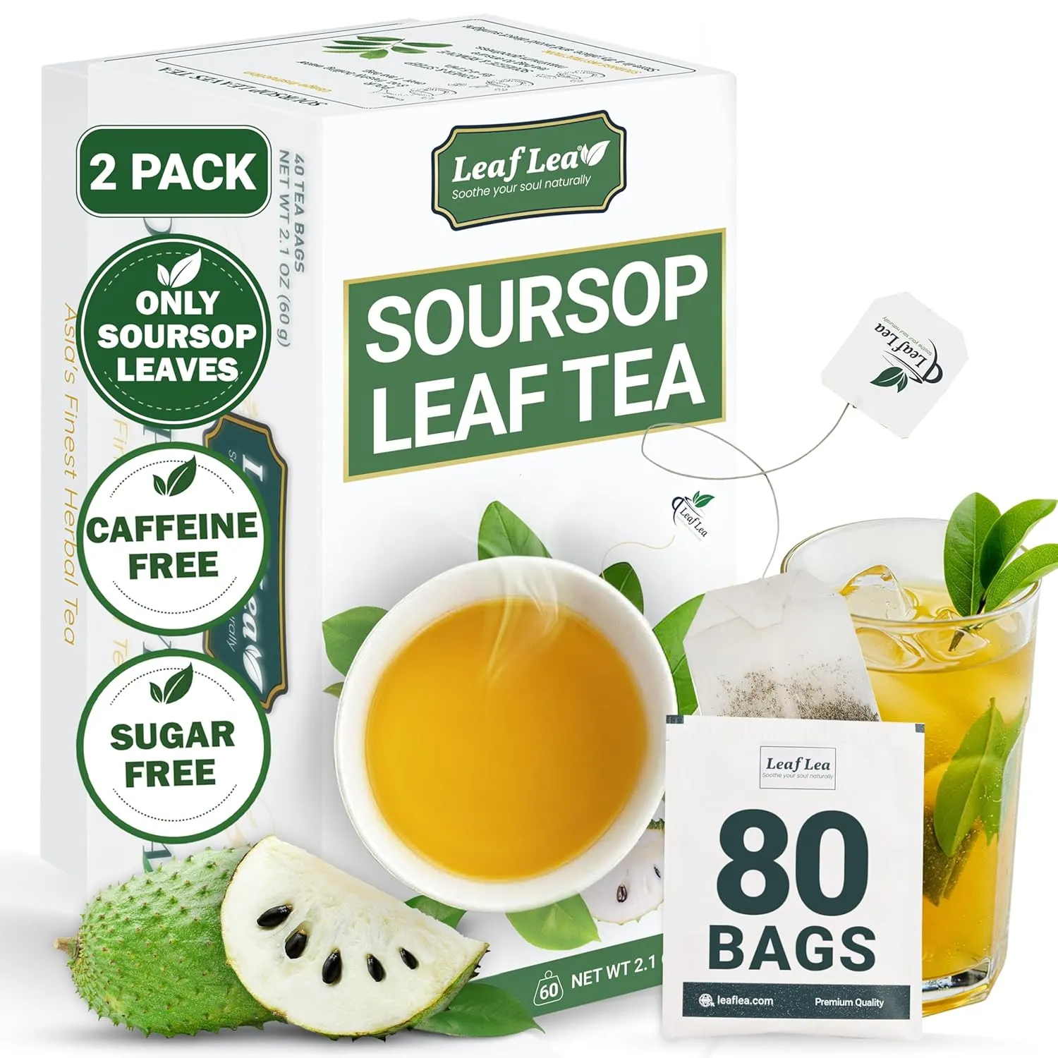 LeafLea 80 Soursop Leaf Tea Bags, 100% Pure Graviola (Hoja Guanabana) Leaves, Sour Sop Herbal Tea, Individually Wrapped for Freshness, Caffeine-Free, Sugar-Free, Gluten-Free, Non-GMO (Pack of 2)