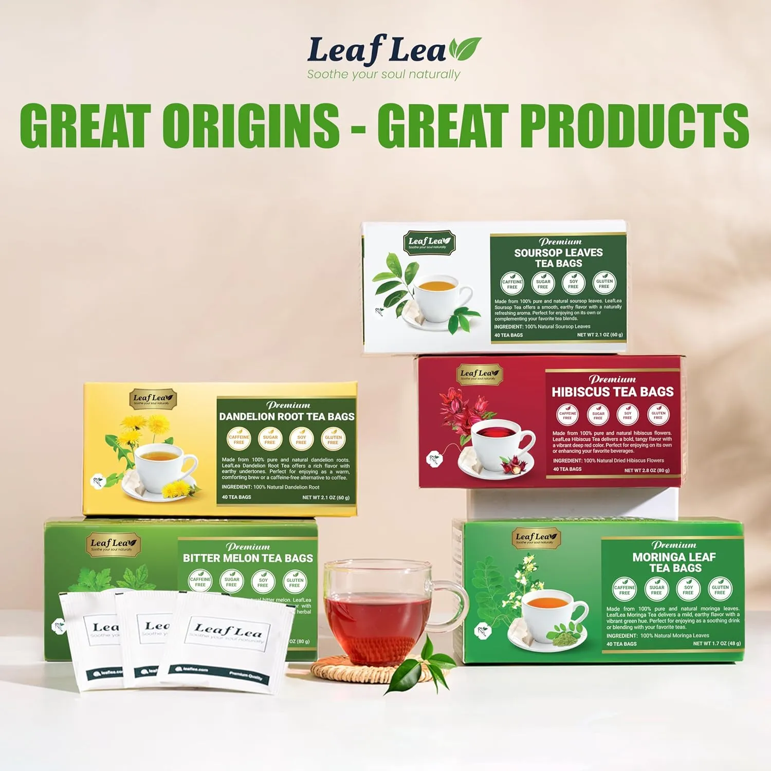 LeafLea 80 Soursop Leaf Tea Bags, 100% Pure Graviola (Hoja Guanabana) Leaves, Sour Sop Herbal Tea, Individually Wrapped for Freshness, Caffeine-Free, Sugar-Free, Gluten-Free, Non-GMO (Pack of 2)