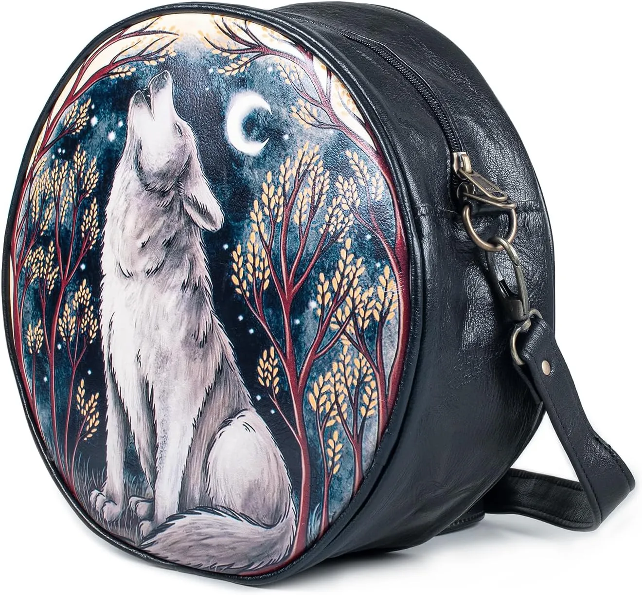 Leather Crossbody Bags for Women Circle Purse Trendy Bag With luna moth Design,Fashion Round Handbag for Travel,Round Purses