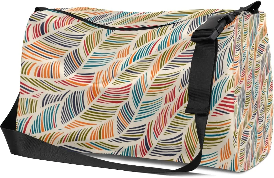 Leather Sport Gym Bag Abstract Feather Weekender Bag for Women and Men Carry On Bag Wavy Curve Travel Duffel Bag