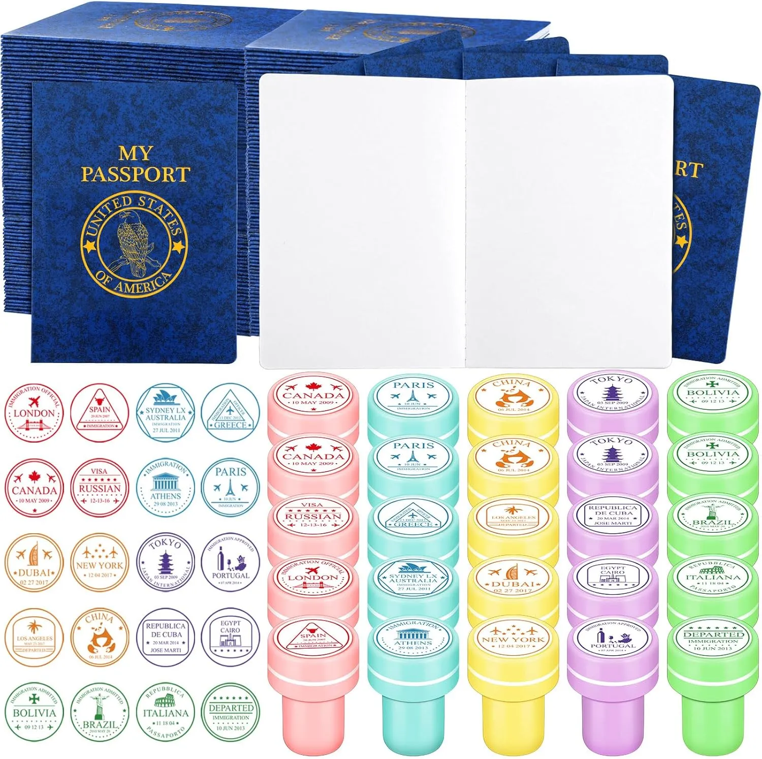 Leitee Passport Stampers Set for Kids 120 Pack Travel Stamps and 60 Pack Fake Blank Passports Books for School Travel Party Favors Goodie Bag Prizes Christmas Box Gift Stocking Stuffers