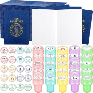 Leitee Passport Stampers Set for Kids 120 Pack Travel Stamps and 60 Pack Fake Blank Passports Books for School Travel Party Favors Goodie Bag Prizes Christmas Box Gift Stocking Stuffers