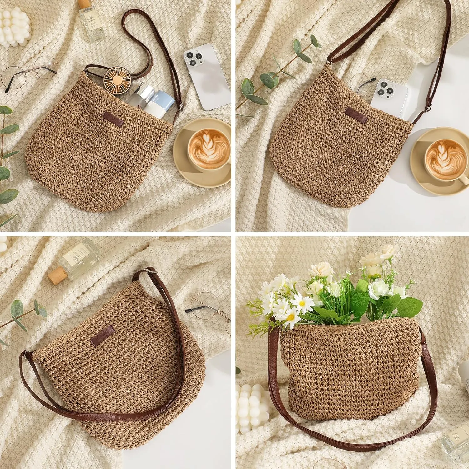 LEVOTIER Woven Straw Crossbody Bags for Women - Handmade Casual Beach Purse