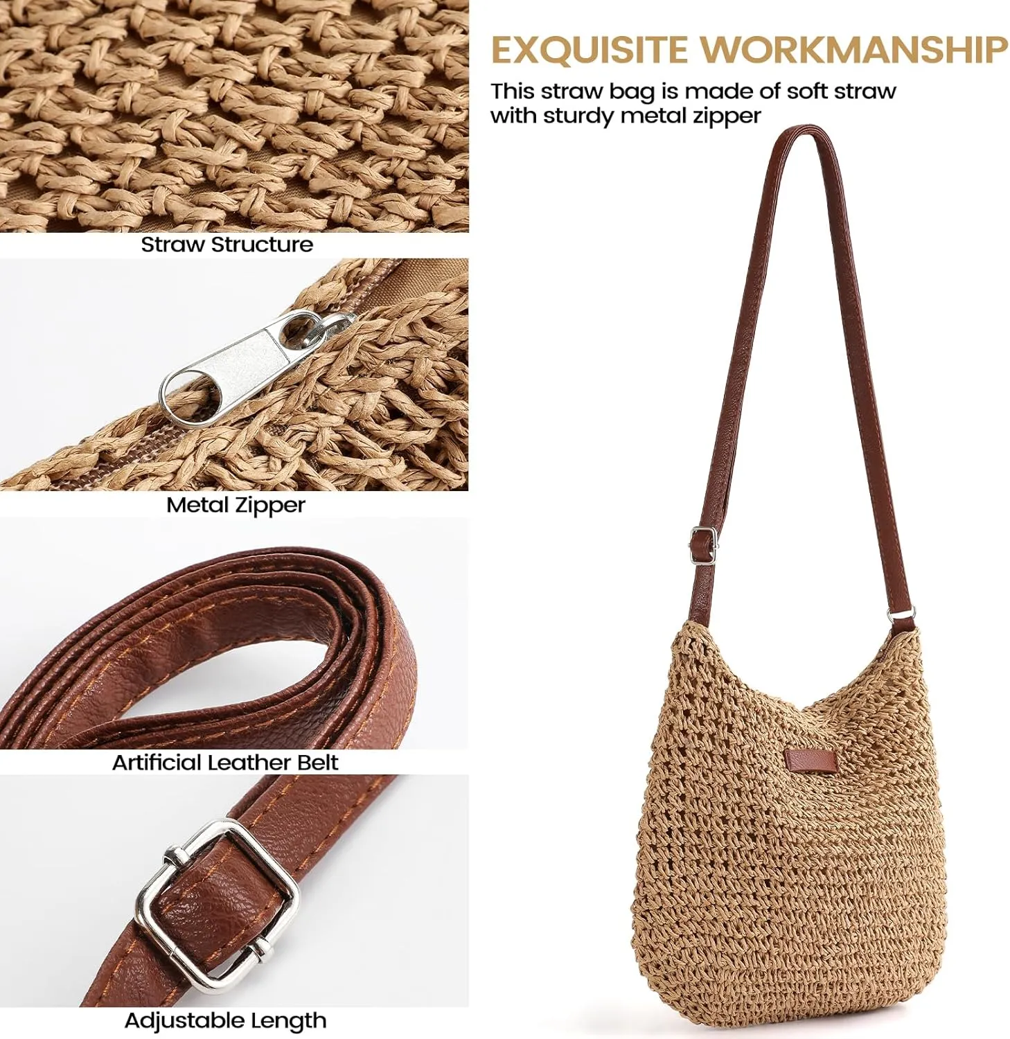 LEVOTIER Woven Straw Crossbody Bags for Women - Handmade Casual Beach Purse