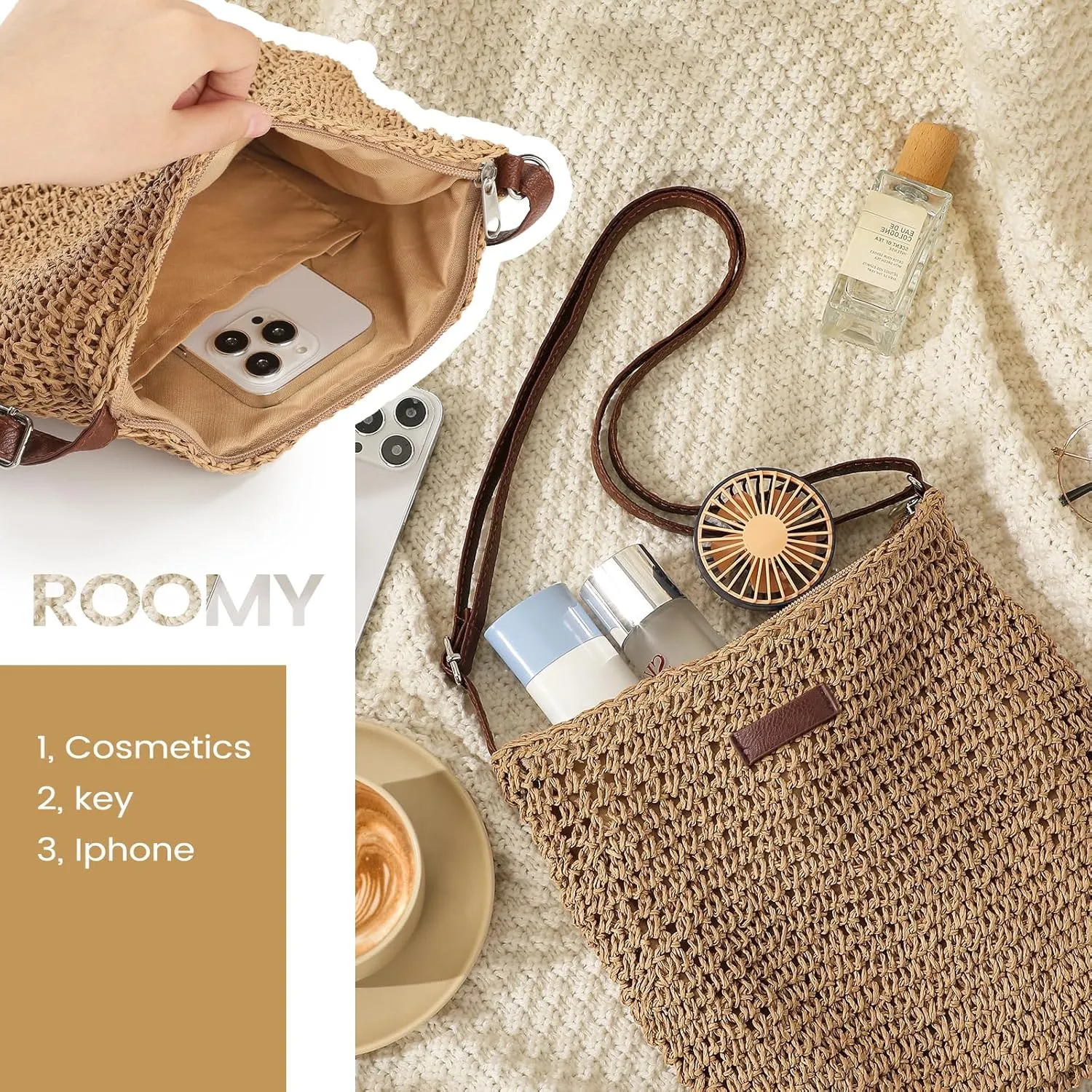 LEVOTIER Woven Straw Crossbody Bags for Women - Handmade Casual Beach Purse