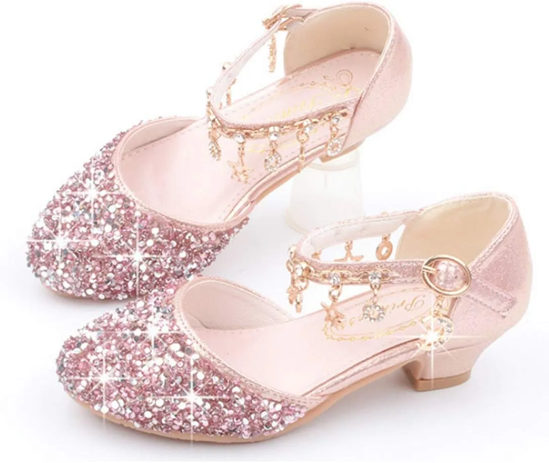 LFHT Little Kids Girls Dress Pumps Glitter Sequins Princess Low Heels Mary Jane Party Dance Shoes Rhinestone Sandals