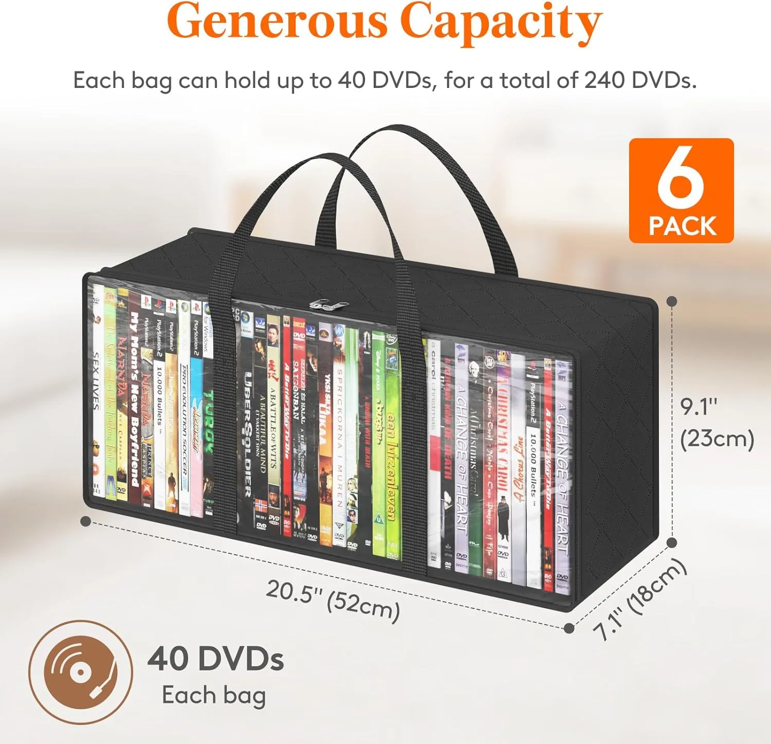 Lifewit DVD Storage Bags 6 Pcs, Clear PVC Plastic CD Organizer with Handles and Zipper, Media Holder for Blu Ray Disc, Movie Cases, VHS Box, Video Game Disks, Albums, Books, Holds 240 DVDs (40 Each)