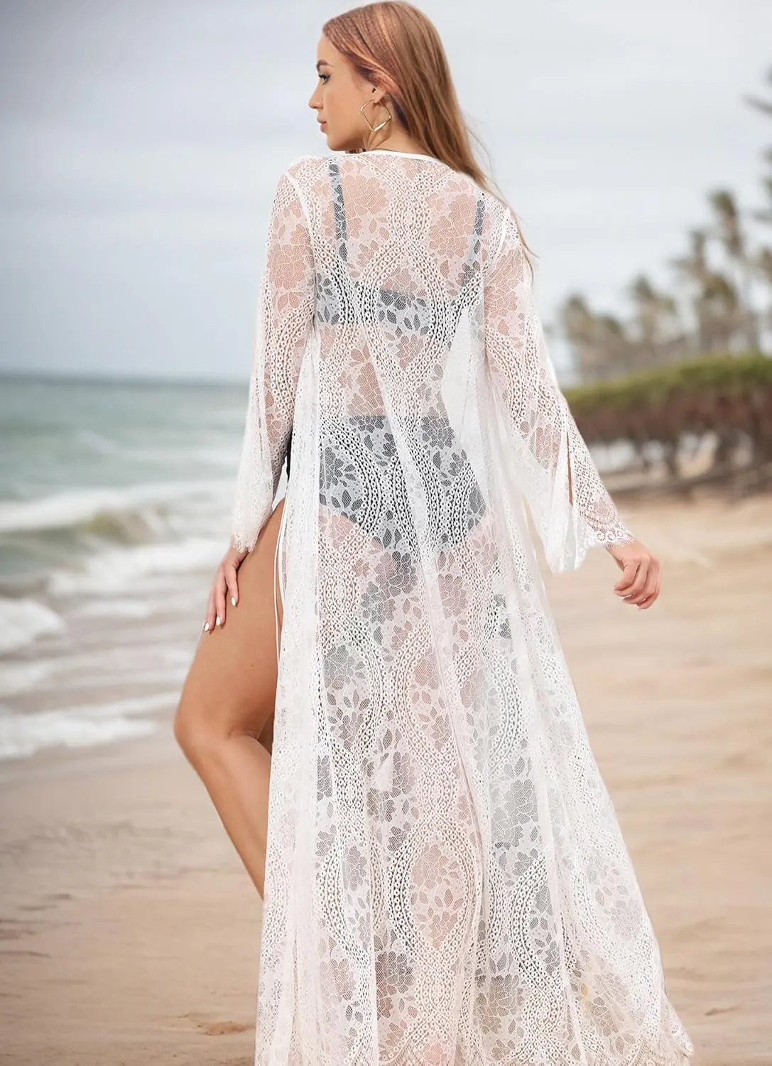 LIPOSA Lace Beach Cover-Ups Sheer Boho Crochet Knitted Casual Bell Sleeves Open Front Long Cardigans Swimsuit Kimono