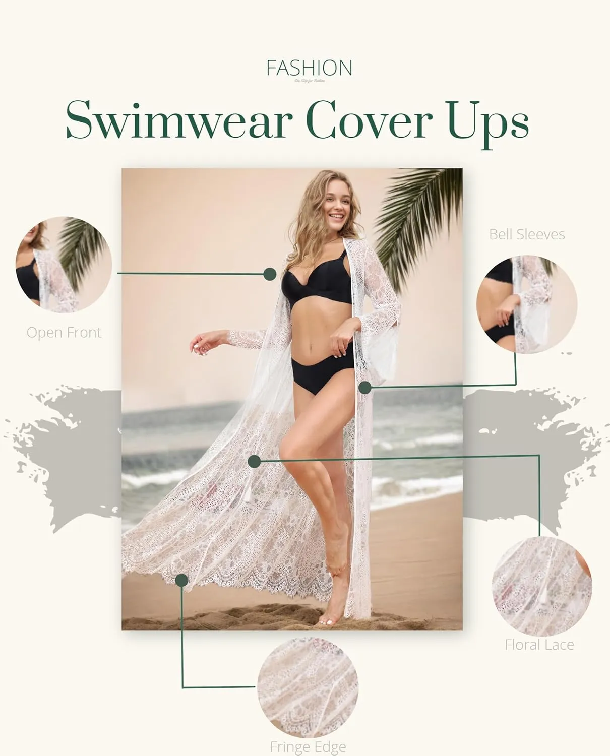 LIPOSA Lace Beach Cover-Ups Sheer Boho Crochet Knitted Casual Bell Sleeves Open Front Long Cardigans Swimsuit Kimono
