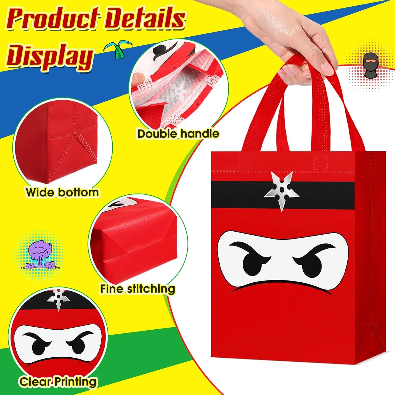 Locmeo 12 Pcs Ninja Party Favors Bag Reusable Non Woven Color Ninja Gifts Bags with Handles Ninja Themed Goodie Treat Candy Bags for Birthday Party Supplies