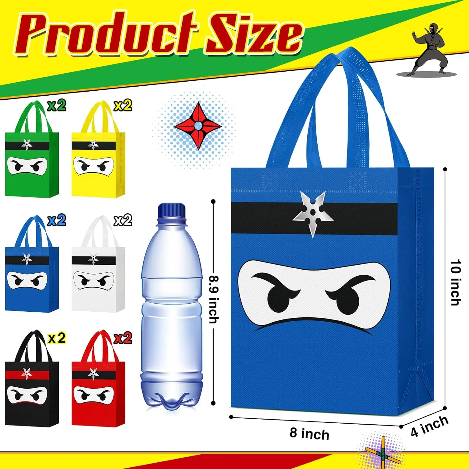 Locmeo 12 Pcs Ninja Party Favors Bag Reusable Non Woven Color Ninja Gifts Bags with Handles Ninja Themed Goodie Treat Candy Bags for Birthday Party Supplies