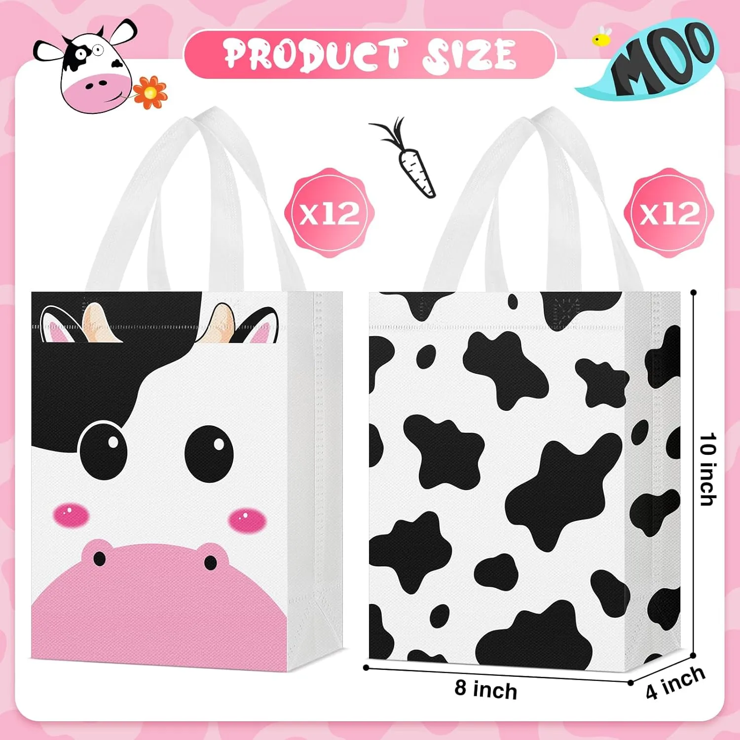 Locmeo 24 Pcs Cow Party Favors Bag Reusable Non Woven Cow Print Gifts Bags with Handles, Farm Themed Goodie Treat Candy Bags for Kids Cow Farm Animals Birthday Party Supplies