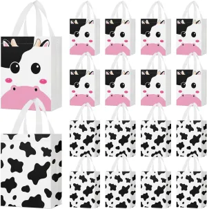 Locmeo 24 Pcs Cow Party Favors Bag Reusable Non Woven Cow Print Gifts Bags with Handles, Farm Themed Goodie Treat Candy Bags for Kids Cow Farm Animals Birthday Party Supplies